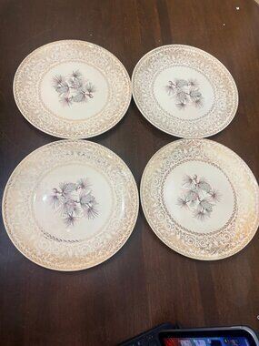 Lifetime China Pine Cone Dinner Plates Set of 4 Gold Filigree 10.25 Inch Allianc